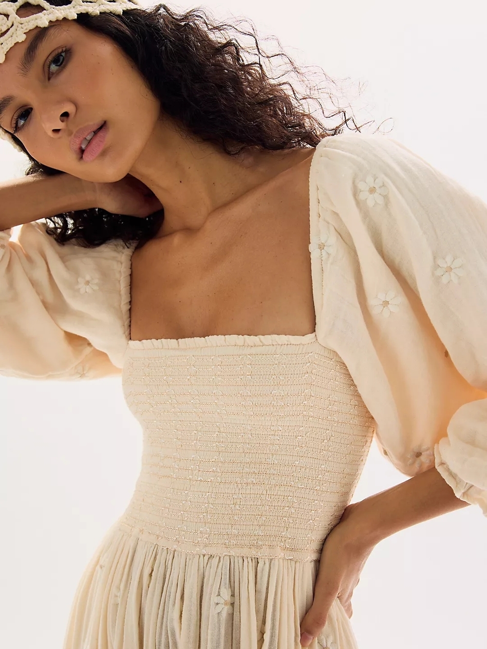 Free People Cream Smocked Maxi Dress with Puff Sleeves